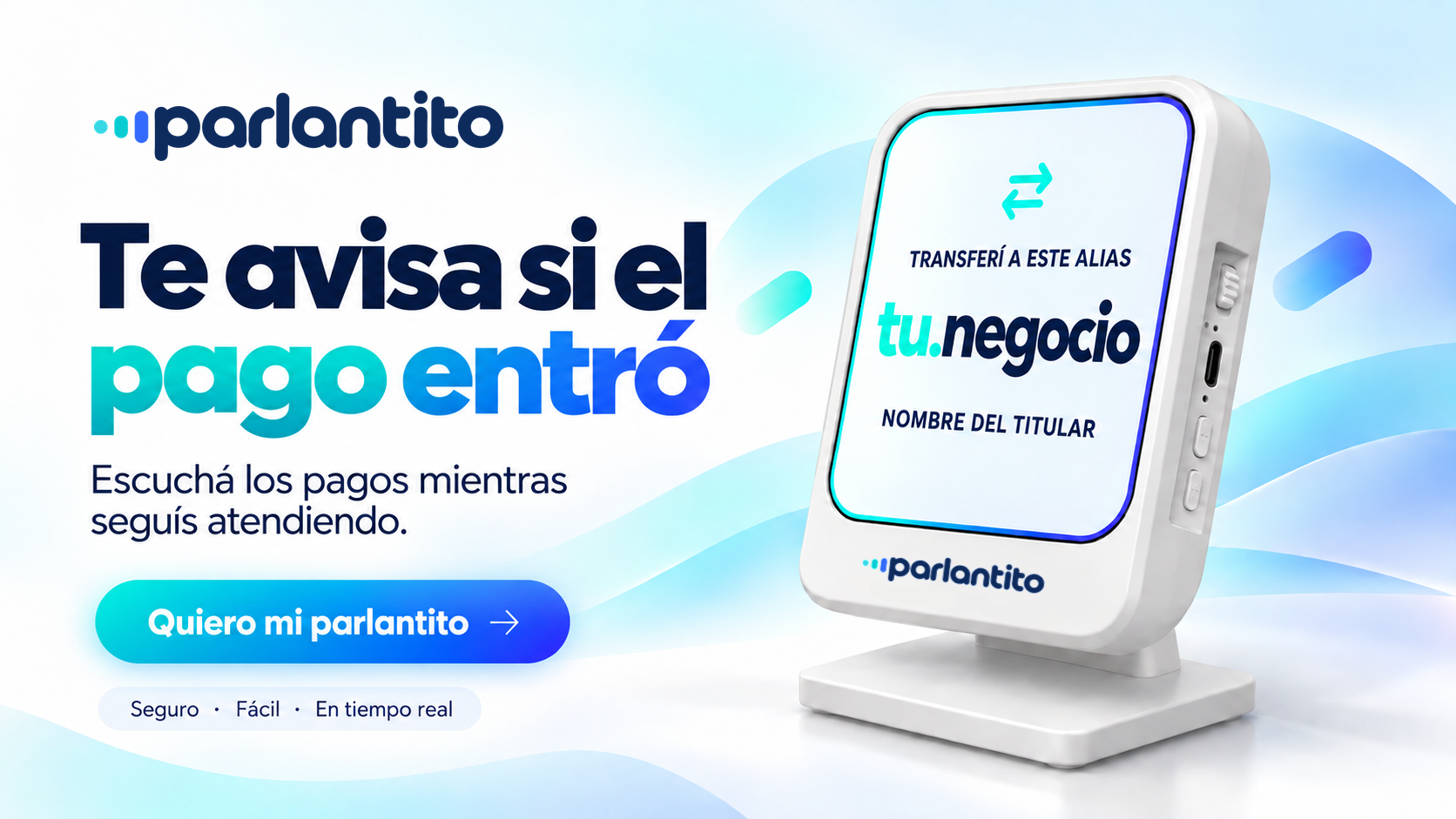 Parlantito blanco de mostrador, con el alias del negocio en su frente