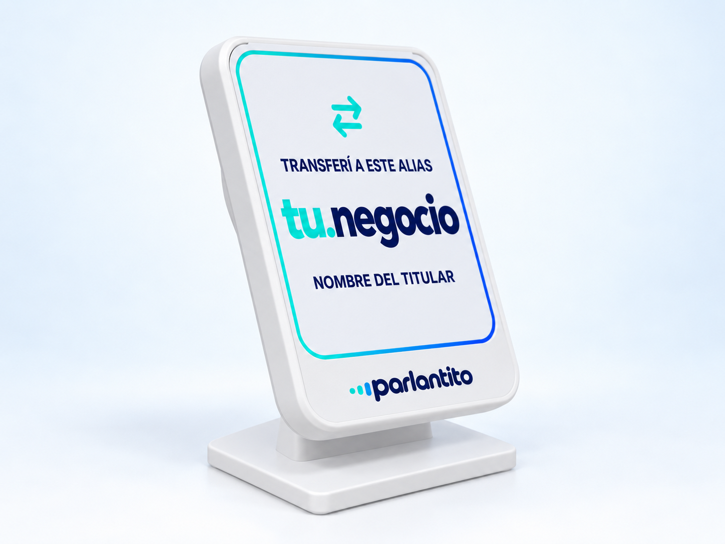 Frente del parlantito con placa ilustrativa de alias y logo