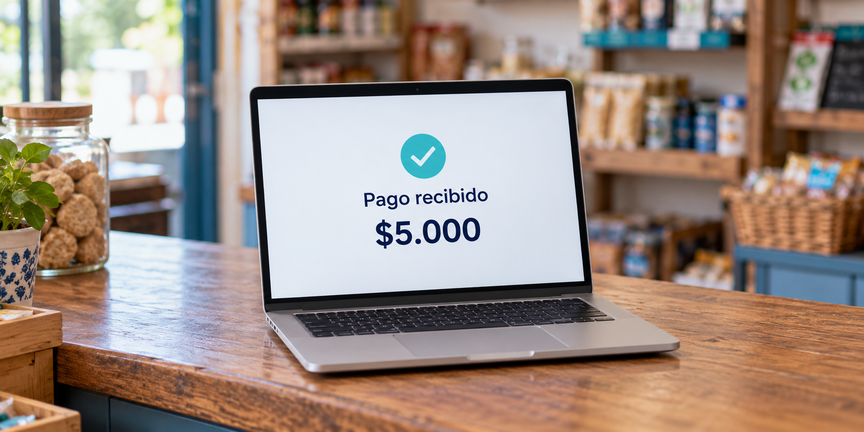 Notebook sobre un mostrador con un aviso ilustrativo de pago recibido