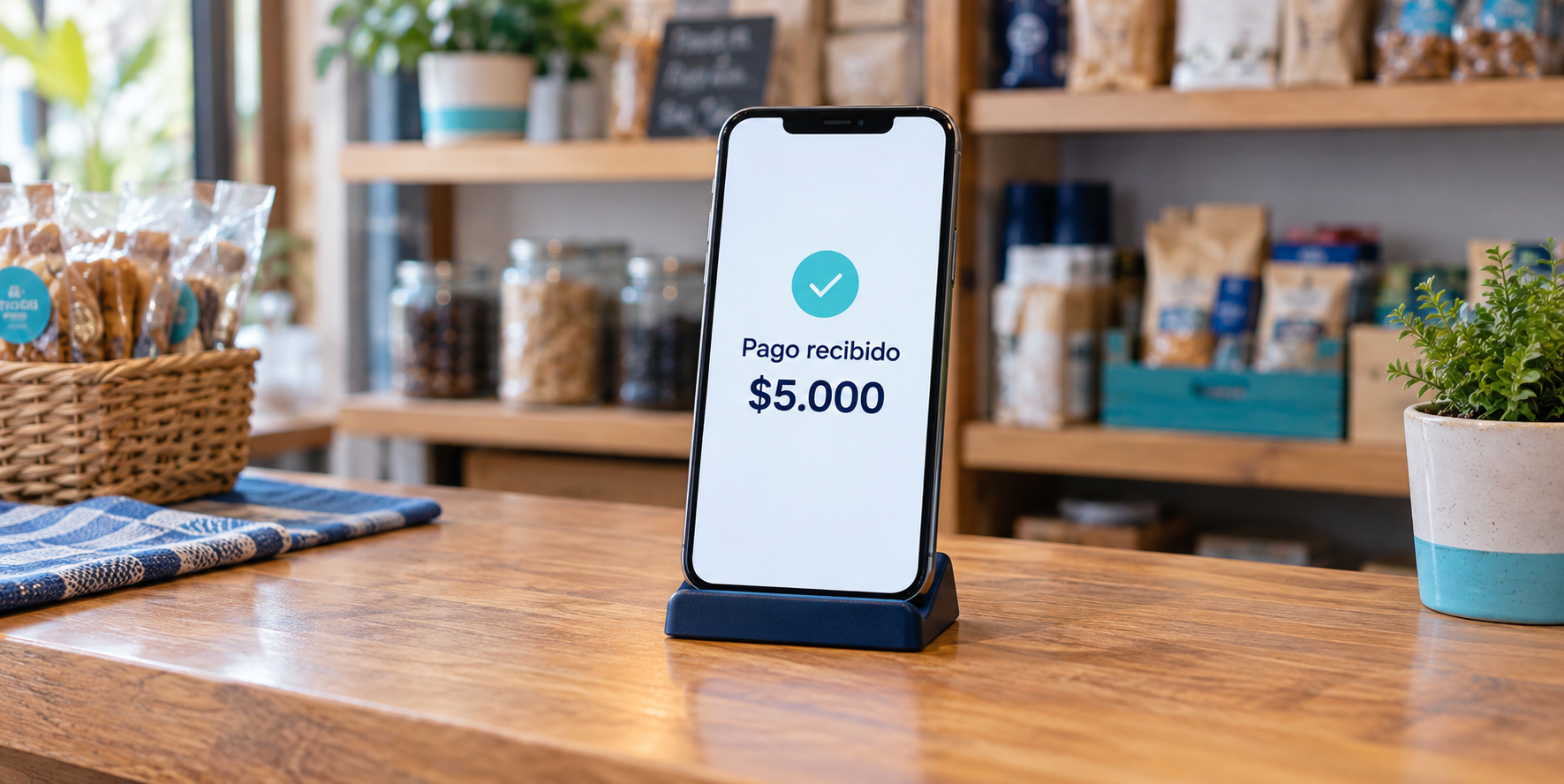 Celular sobre un mostrador con un aviso ilustrativo de pago recibido